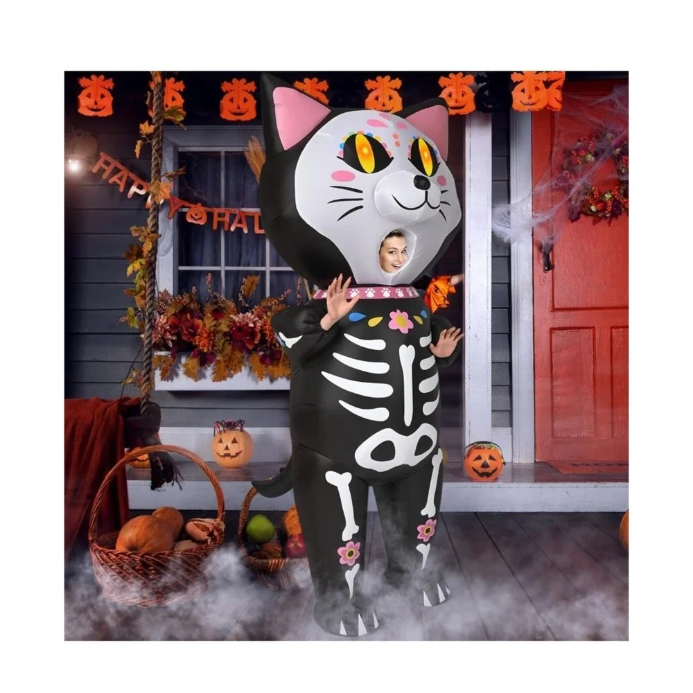 Black Skeleton Cat Inflatable Pet Costume with Pink Accents